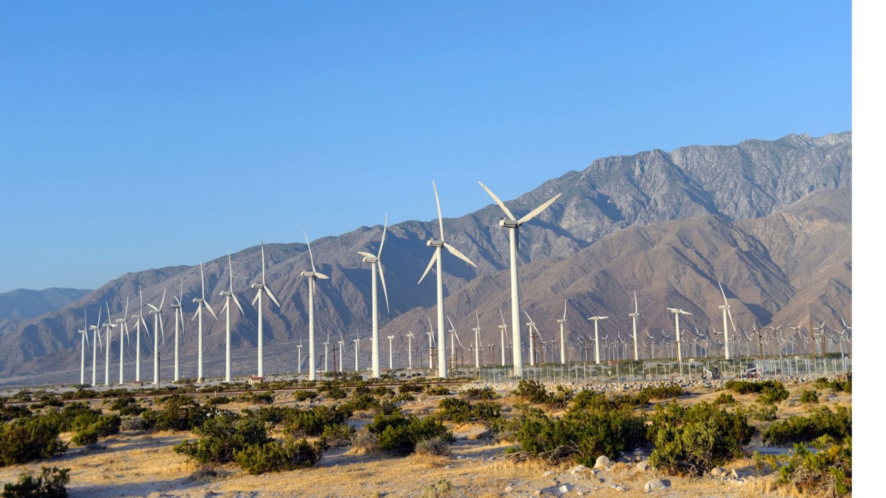 Turbinas eólicas frente a las montañas del Valle de Coachella