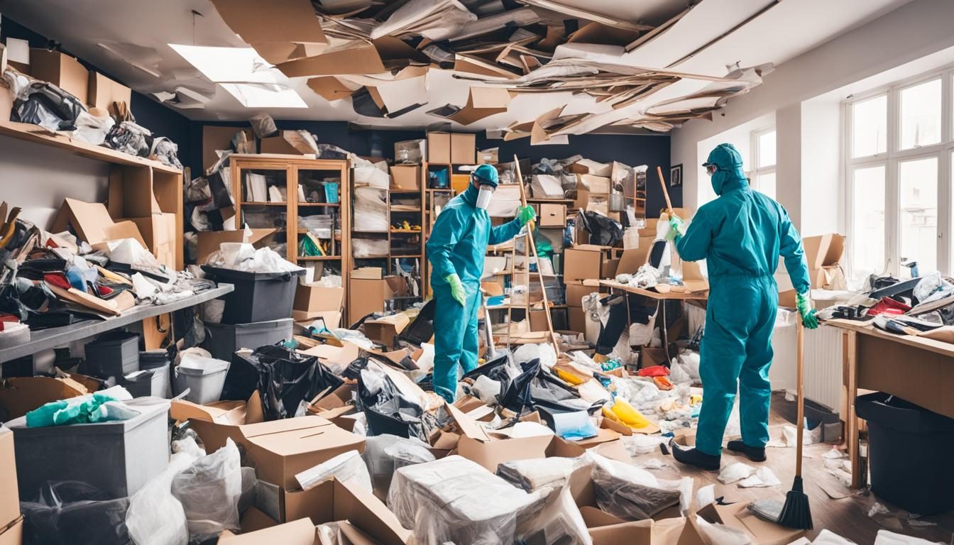 Técnicos con equipo de protección trabajando en una habitación desordenada