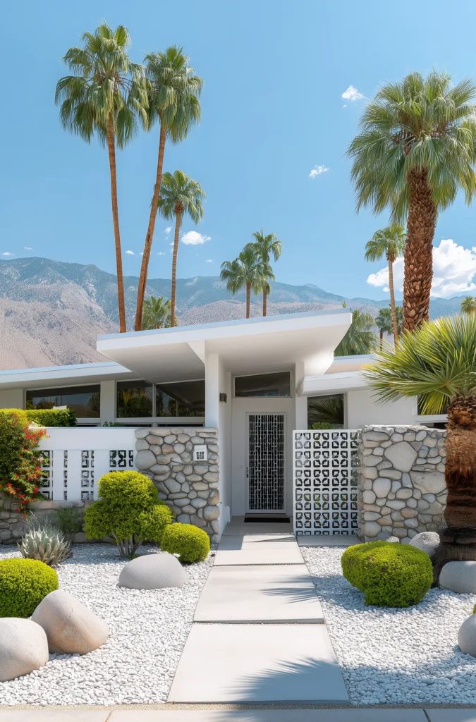 Mid-century modern desert home exterior with palm trees